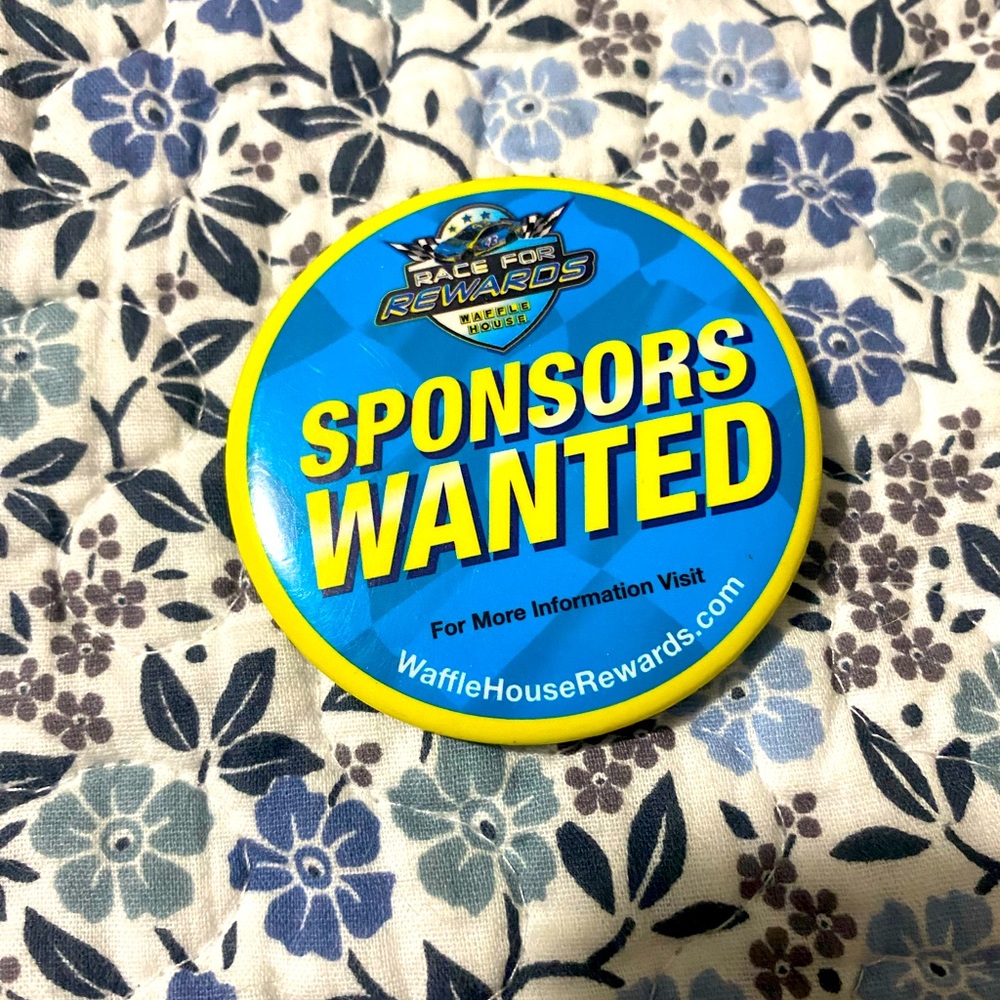 Waffle House Employee Pin/Button Race for Rewards NASCAR Sponsors Wanted Promo